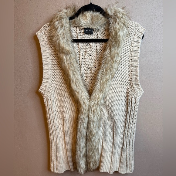 Tribal Faux Fur Trim Chunky Knit Cotton Blend Sweater Vest Jacket Womens XL - Picture 2 of 14